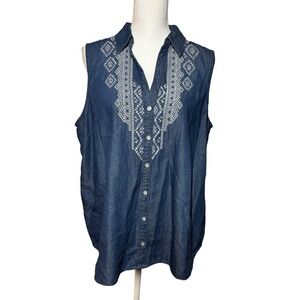 Code Bleu Sleeveless Embroidered Denim Shirt XL Blue Cotton Lyocell